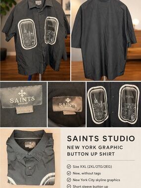 Saints Studio Men's Black New York Graphic Button-Up Shirt - XXL